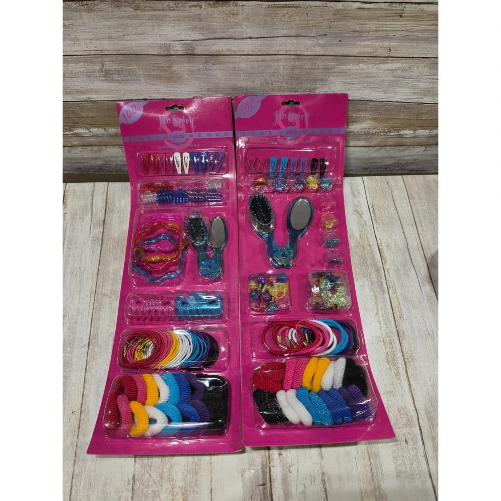 2- Vtg Fun Spirit Girls Hair Accessories 100pc Set Brush Mirror Clips Ties Clips